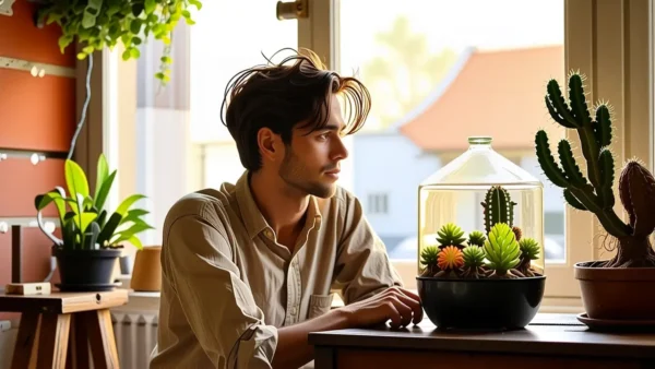 Un hombre pensativo observa un terrario soleado