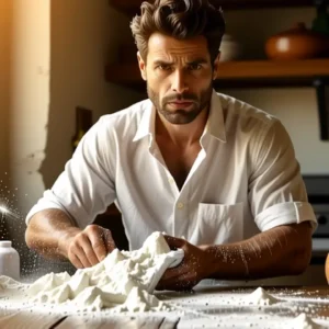 Un hombre preocupado limpia una mesa rústica