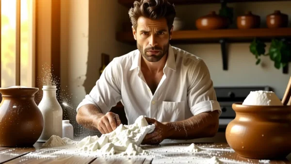 Un hombre preocupado limpia una mesa rústica