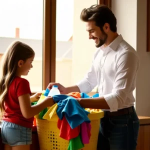 Un hombre ayuda a una niña en cocina