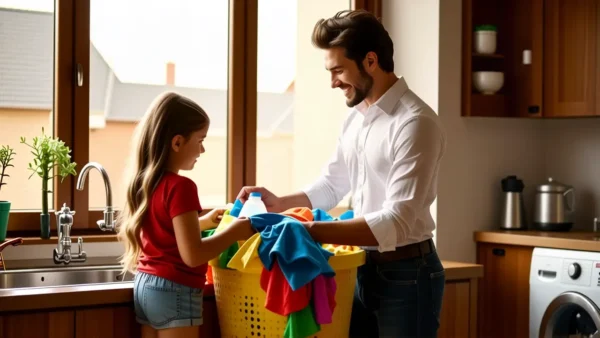 Un hombre ayuda a una niña en cocina