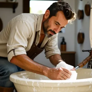 Un hombre español limpia con cuidado