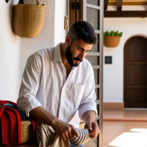 Un hombre contempla tela en español