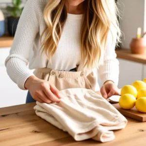 Una mujer española suavemente examina la ropa del bebé