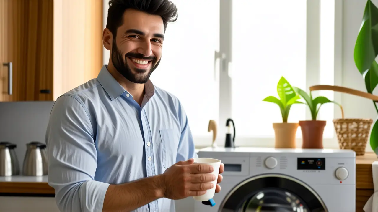 Tabla Peso Ropa Lavadora: Guía Completa 5 Un hombre sonríe sosteniendo detergente en cocina