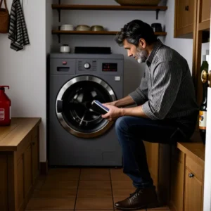 Tabla Peso Ropa Lavadora: Guía Completa 11 Un hombre contempla la lavadora en luz cálida