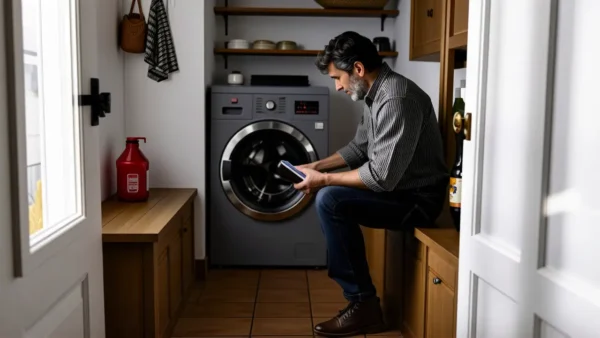 Un hombre contempla la lavadora en luz cálida