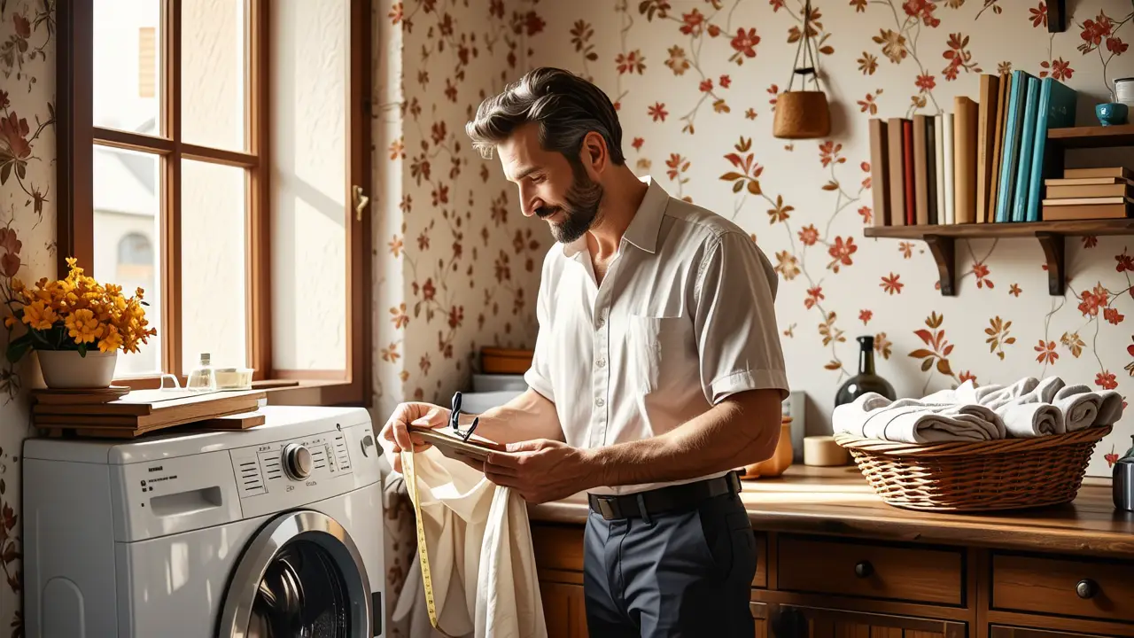 Tabla Peso Ropa Lavadora: Guía Completa 2 Un hombre español reflexivo mide ropa en una lavandería vintage