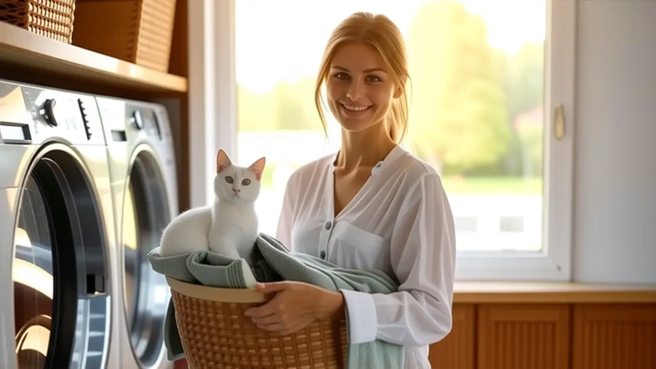Mujer blanca en lavandería, calma y rutina
