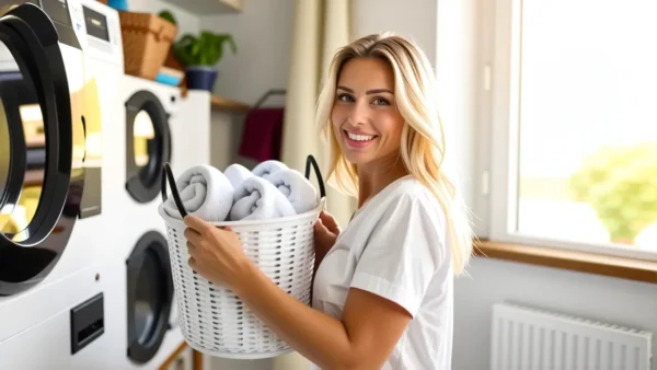 Mujer sonriente con ropa blanca en lavandería