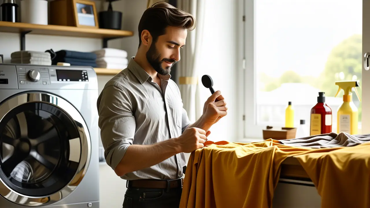 Un hombre examina ropa en un lavadero cálido