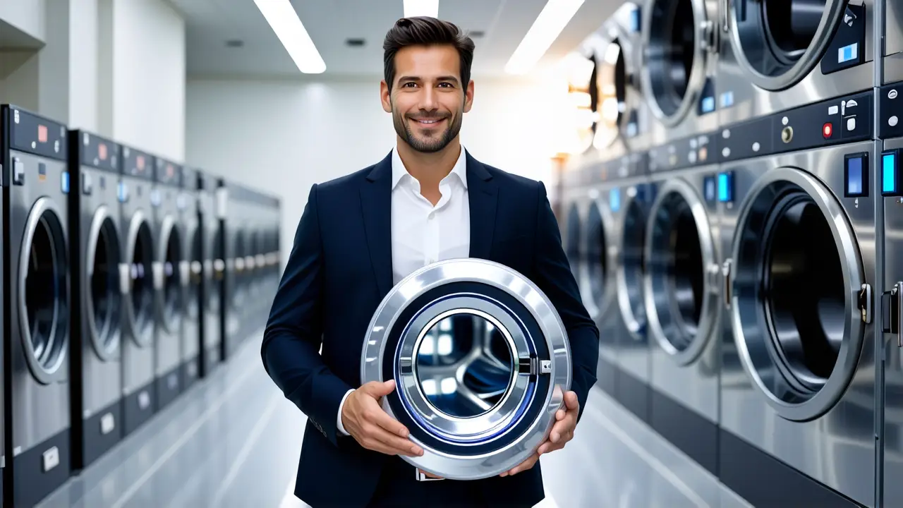 Un hombre elegante sostiene una lavadora en estudio