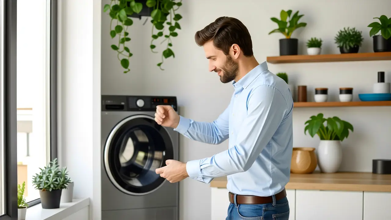 Un hombre moderno examina una lavadora en calma
