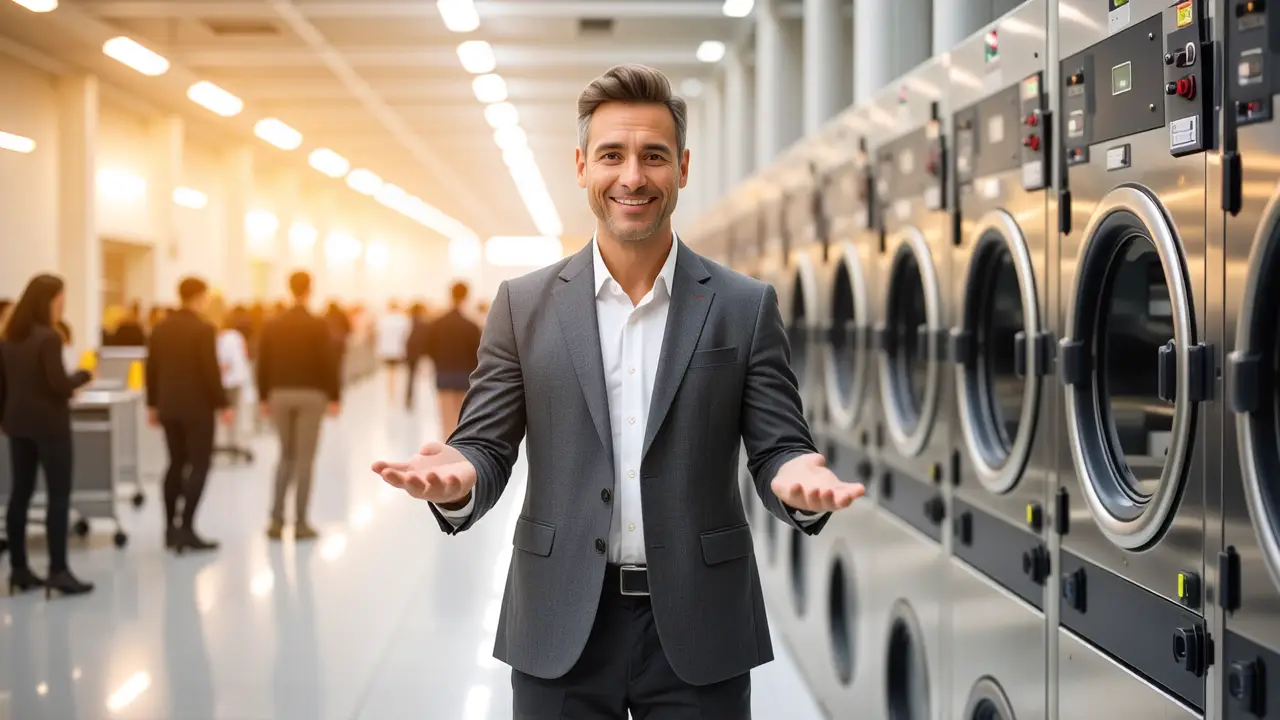 Un hombre confiado promociona máquinas de lavado modernas