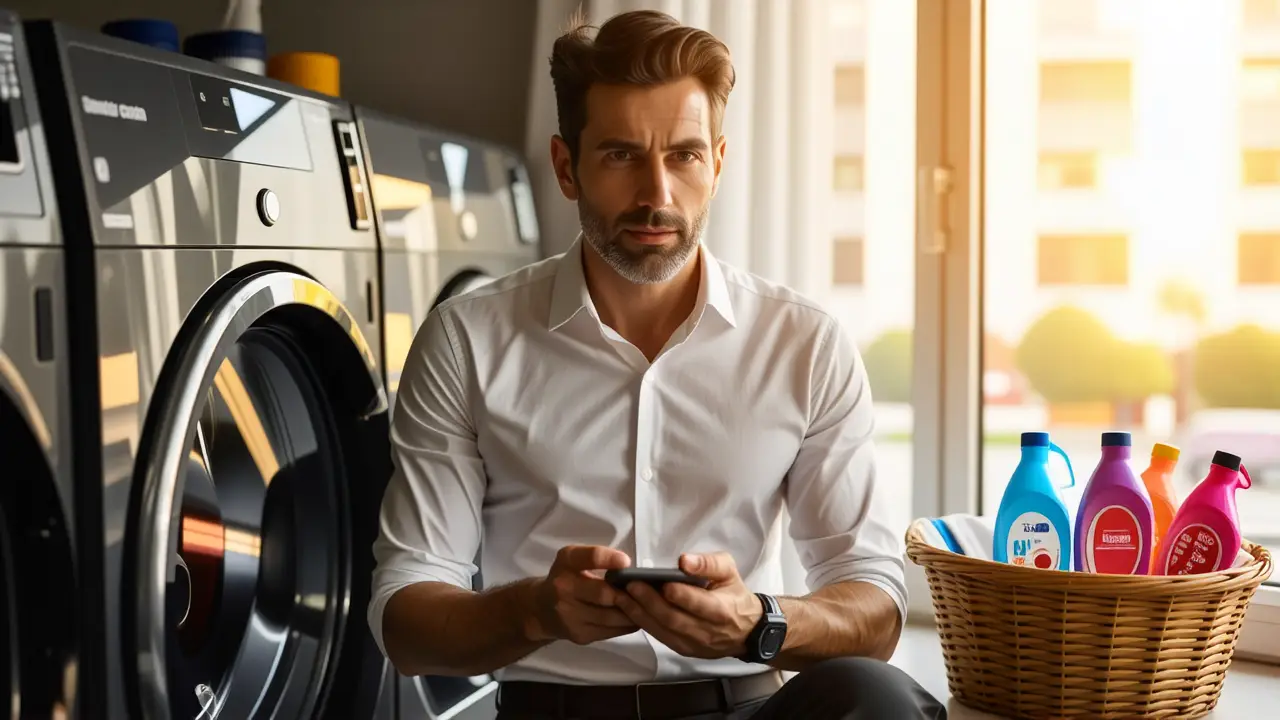 Un hombre contemplando la lavadora en Santiago