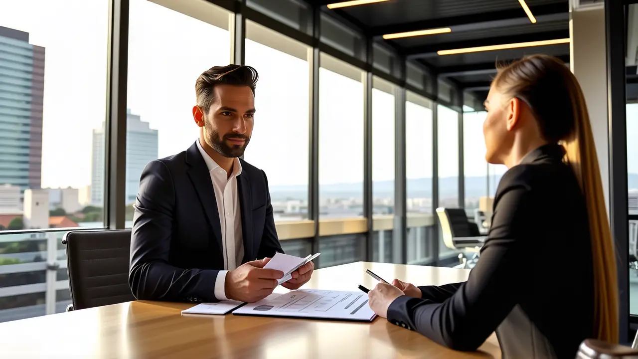Un hombre presenta en oficina moderna y optimista
