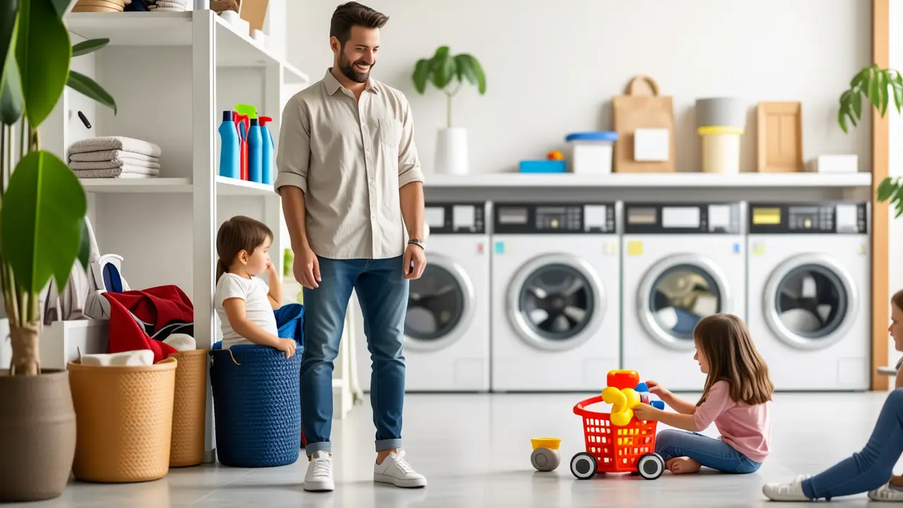 Lavandería Autoservicio Coruña: Mejor Tintorería 5 Un hombre sonríe en un lavadero escandinavo moderno