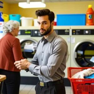 Lavandería Autoservicio Coruña: Mejor Tintorería 13 Un hombre pensativo observa una mujer en lavandería