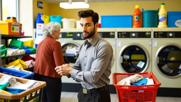 Lavandería Autoservicio Coruña: Mejor Tintorería 1 Un hombre pensativo observa una mujer en lavandería