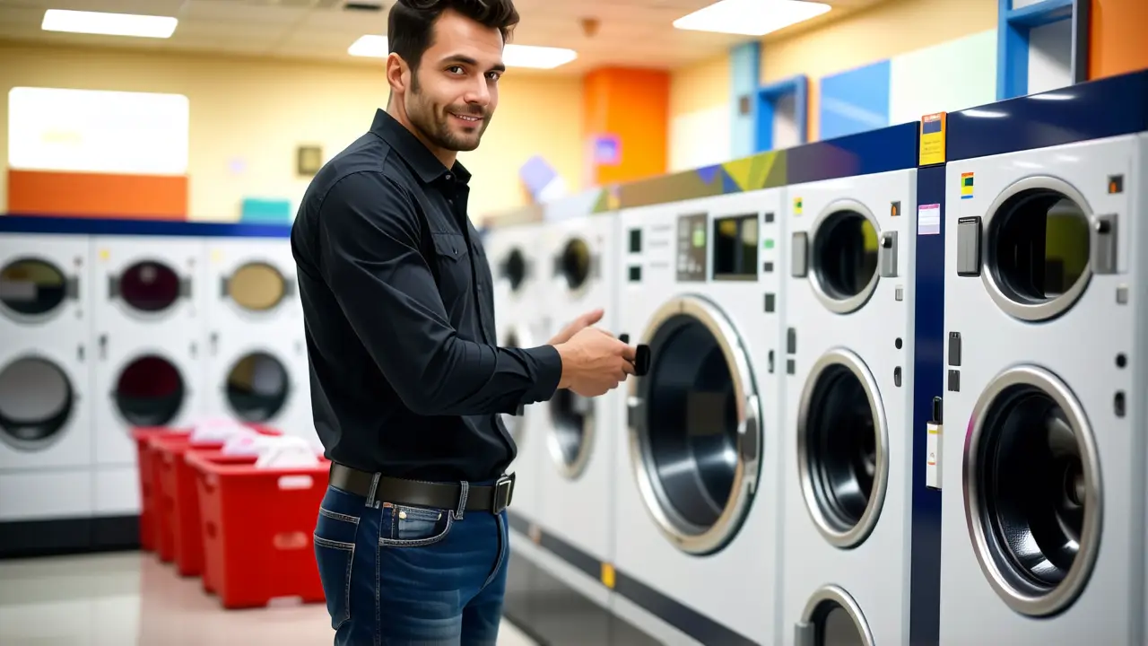 Lavandería Autoservicio Coruña: Mejor Tintorería 3 Un hombre en Coruña lava ropa con calma