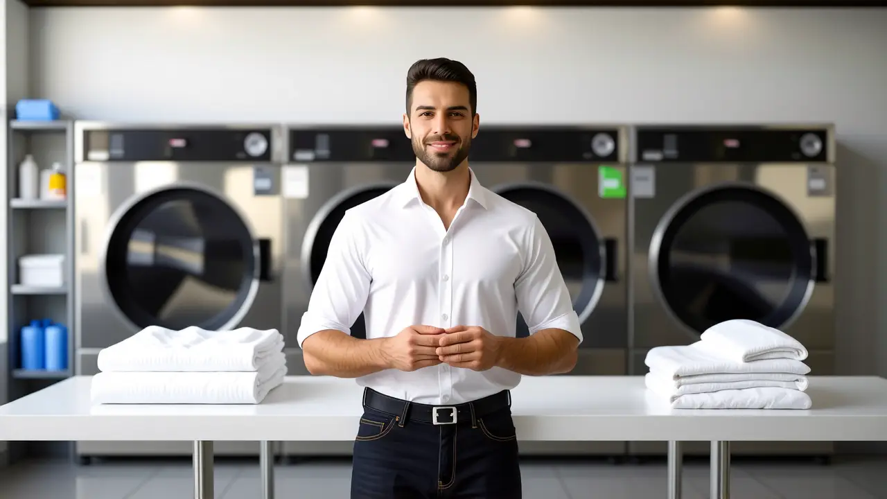 Lavandería Autoservicio Coruña: Mejor Tintorería 4 Un hombre en una lavandería española ofrece calidad