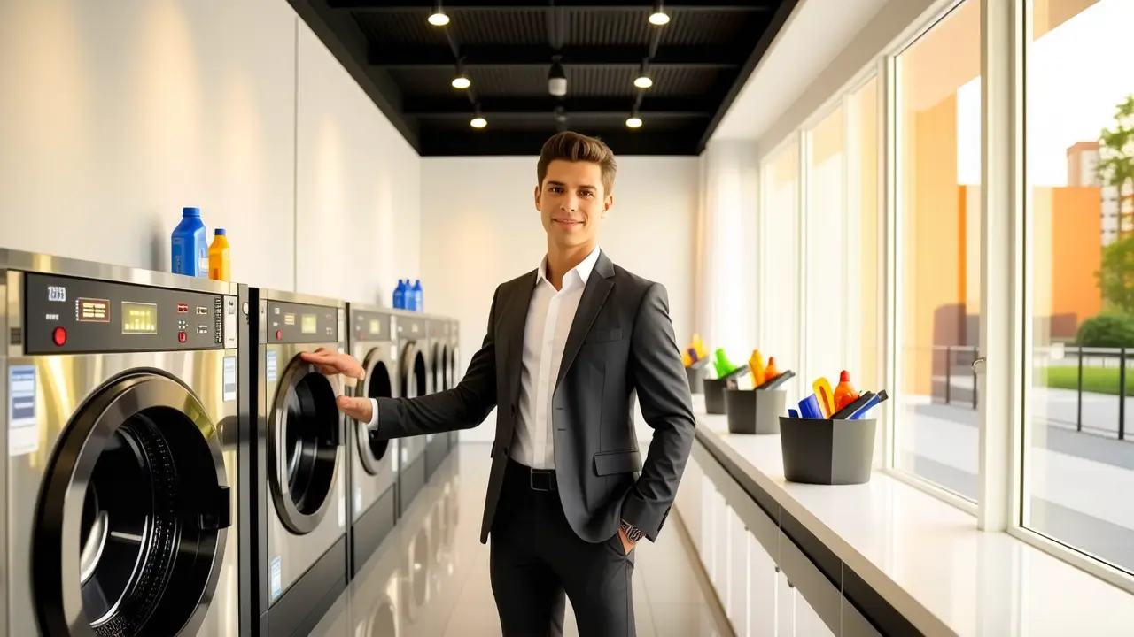 Un hombre elegante en una lavandería moderna