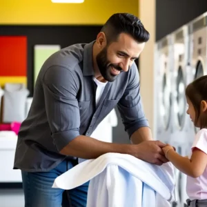 Un hombre español ayuda a una niña en lavandería