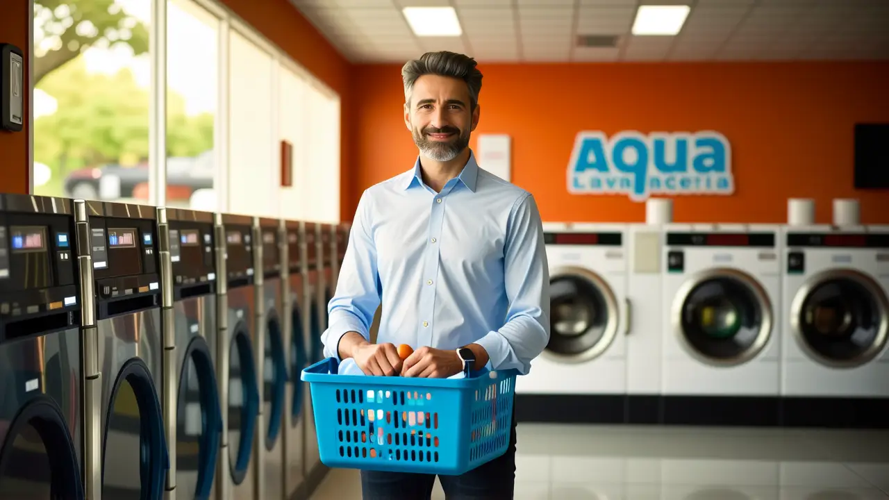 Un hombre espera en lavandería con calidez