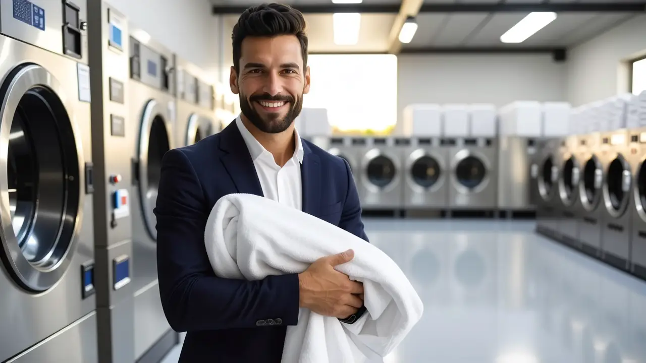 Lavanderias para hoteles: Ahorro y eficiencia 3 Un hombre elegante inspecciona una toalla en hotel
