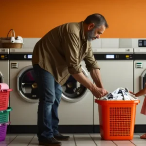 Un hombre observa a su hija en lavandería