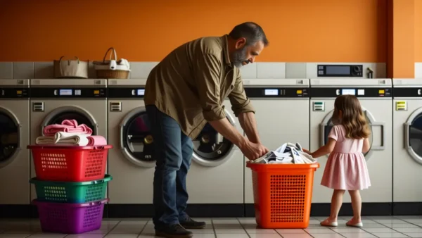 Un hombre observa a su hija en lavandería