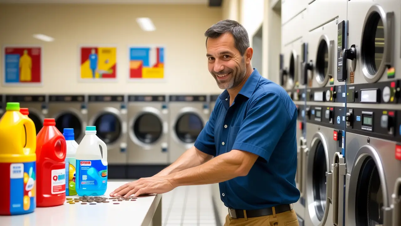 Lavandería Autoservicio El Casar - Ubicación 4 Un hombre sonríe en un lavadero vintage