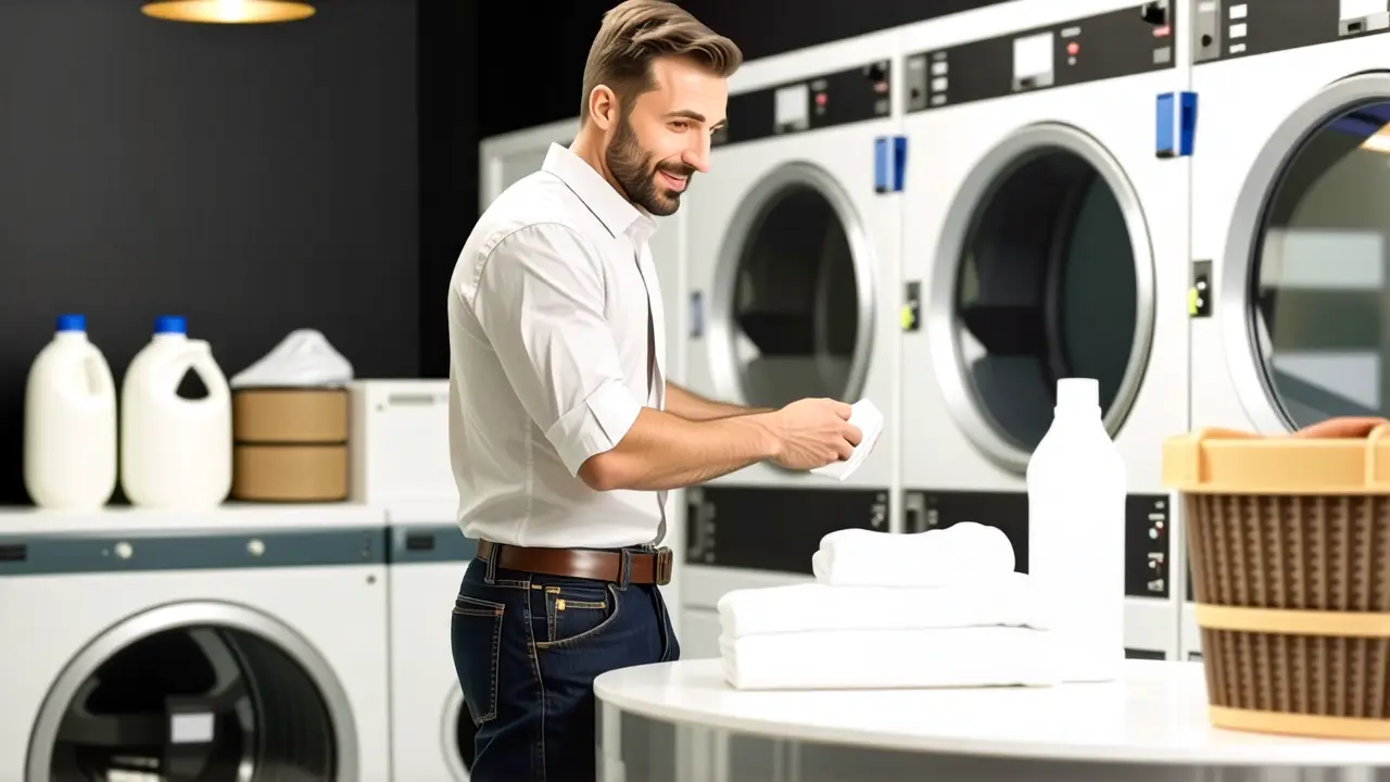 Lavandería Autoservicio El Casar - Ubicación 5 Un hombre blanco sonríe en una lavandería moderna