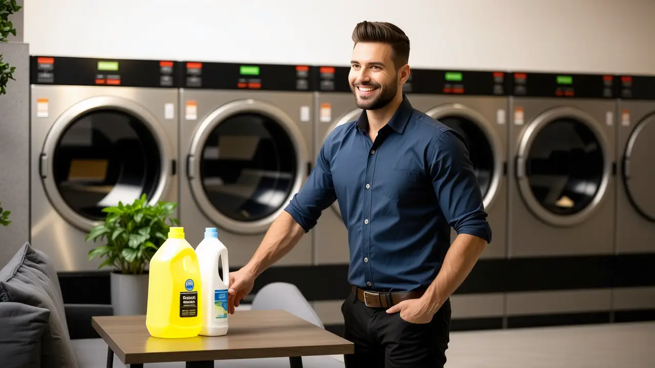 Lavandería Autoservicio El Casar - Ubicación 3 Un hombre español moderno usa la lavandería con calma