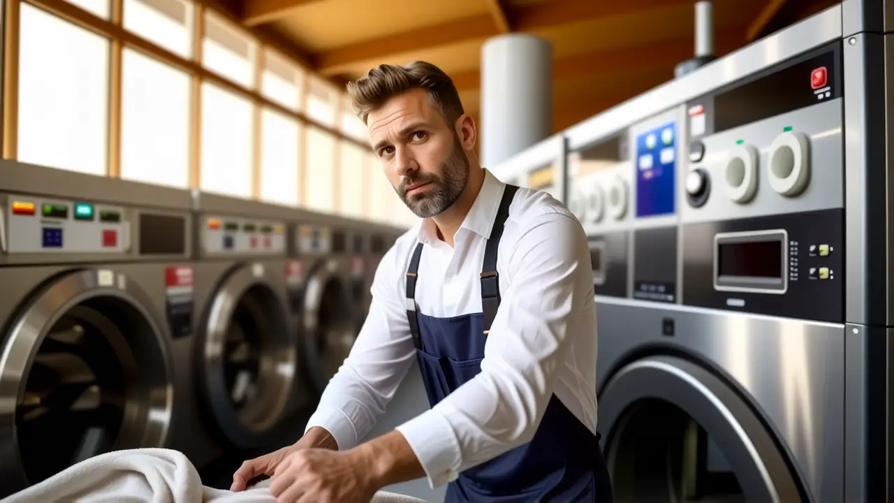 Lavandería Industrial Valladolid: Soluciones Integrales 2 Un hombre serio opera una lavadora en estudio