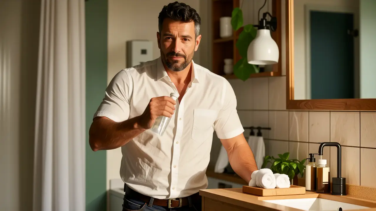 Un hombre español limpia con atención el baño