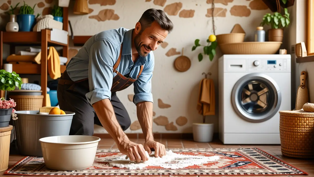 Un hombre español limpia con cuidado en casa