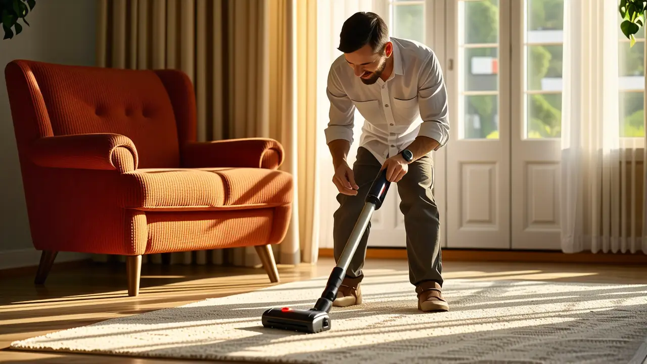 Lavar Alfombras: Guía para Limpiar en Casa 2 Un hombre limpio limpia con calidez en casa