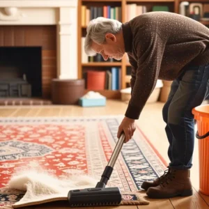 Un hombre contempla un tapiz en casa
