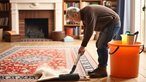 Lavar Alfombras: Guía para Limpiar en Casa 1 Un hombre contempla un tapiz en casa