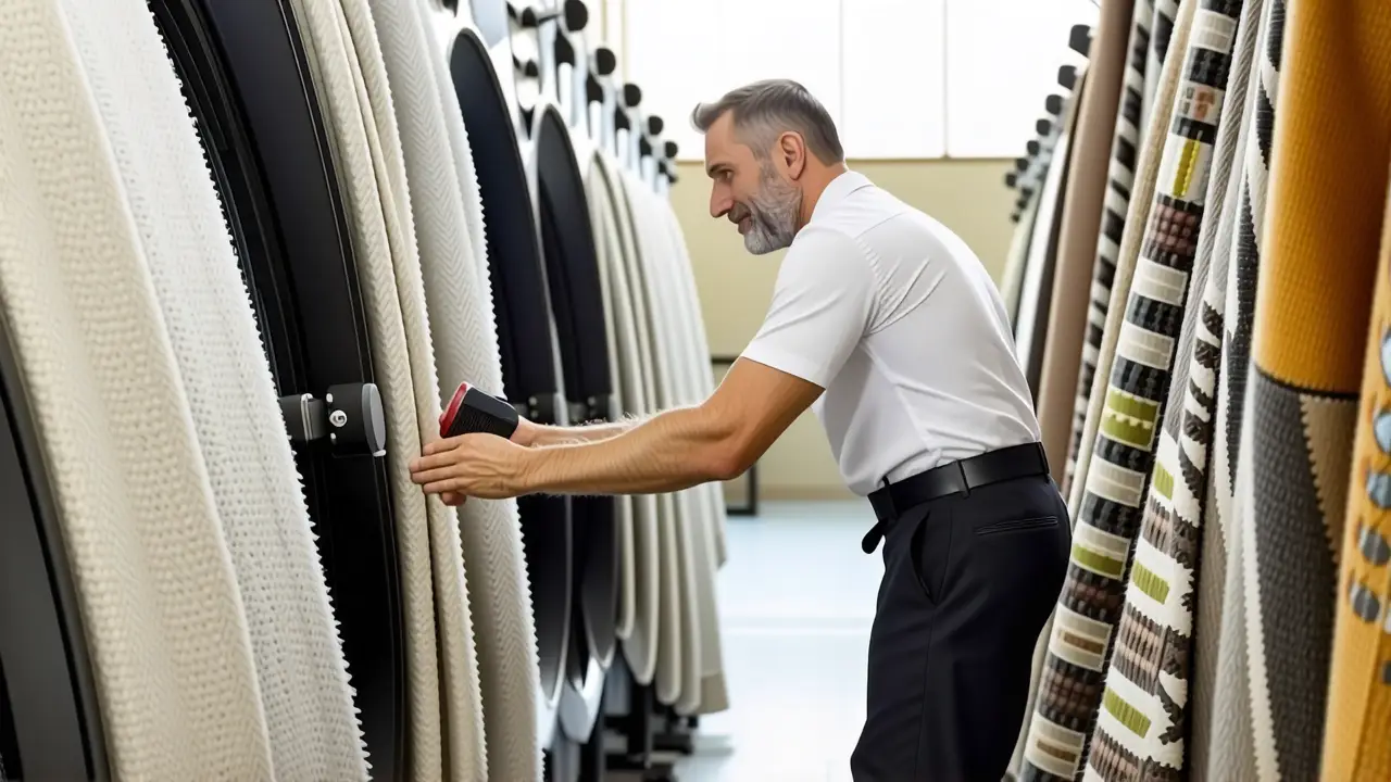 Un hombre limpia alfombras en un taller