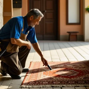 Un hombre español examina un tapiz en casa