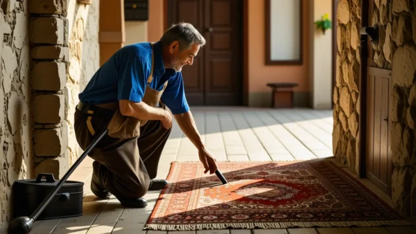 Un hombre español examina un tapiz en casa