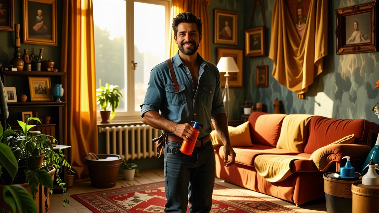 Un hombre español limpia con profesionalidad en casa