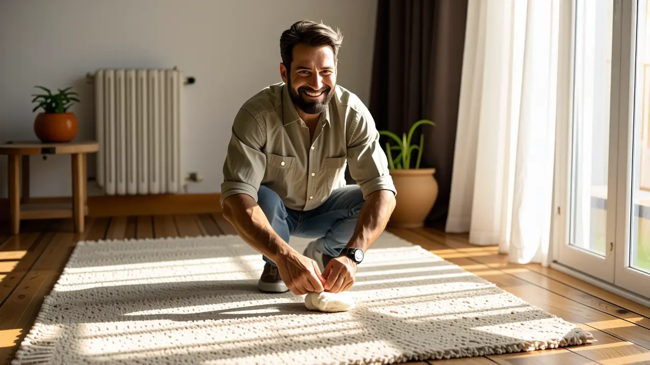 Lavar Alfombras: Guía para Limpiar en Casa 6 Un hombre sonriente limpia con cuidado
