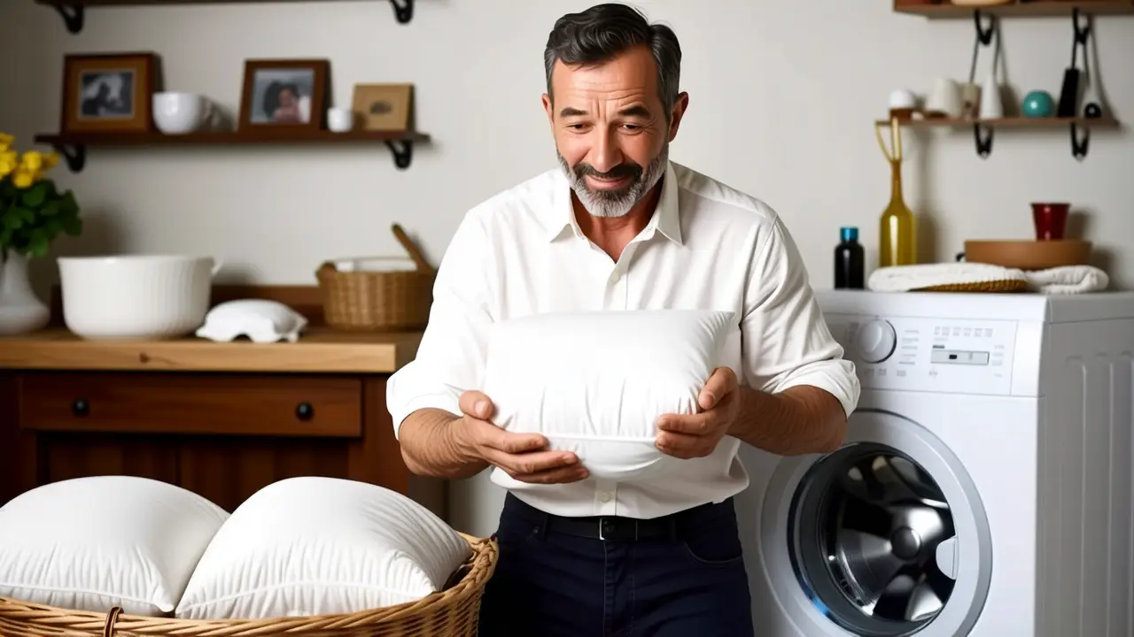 Un hombre amable lava una almohada en casa