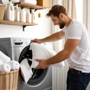 Un hombre blanco carga una almohada en la lavadora