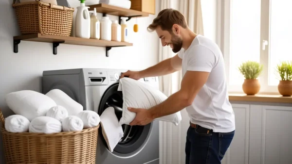 Un hombre blanco carga una almohada en la lavadora