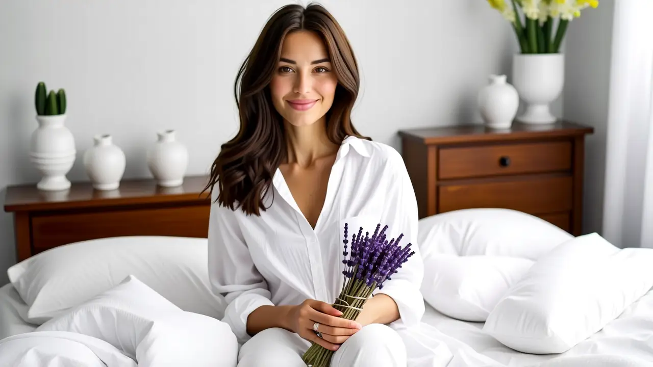 Mujer blanca en interior hogareño y tranquilo