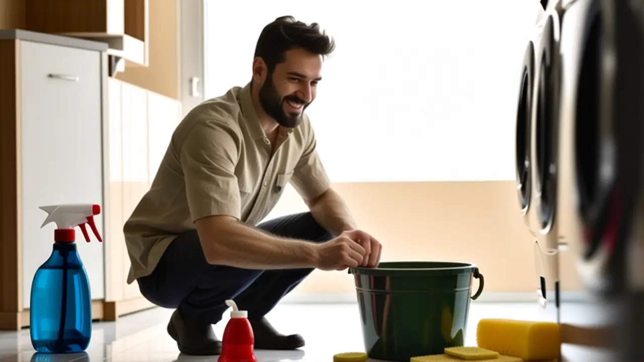 Un hombre limpiando en una lavandería soleada